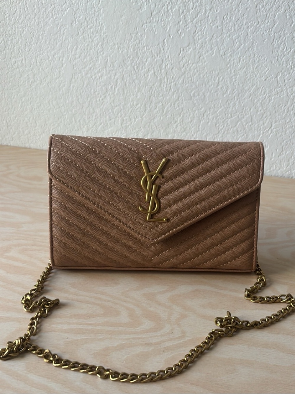 Saint Laurent Tan Quilted Envelope Crossbody with Gold YSL Hardware